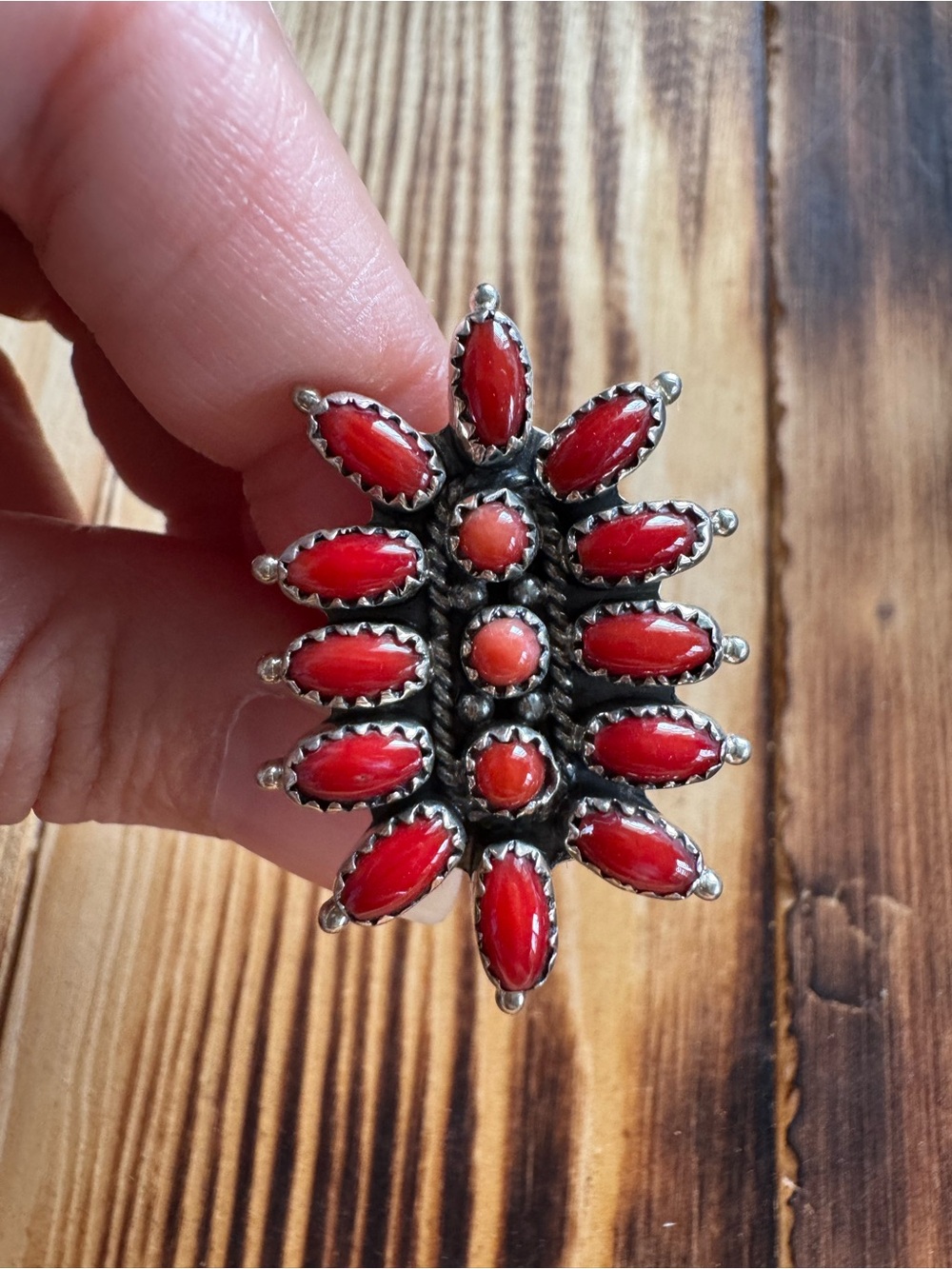 Sterling Silver Red Coral Cluster Ring